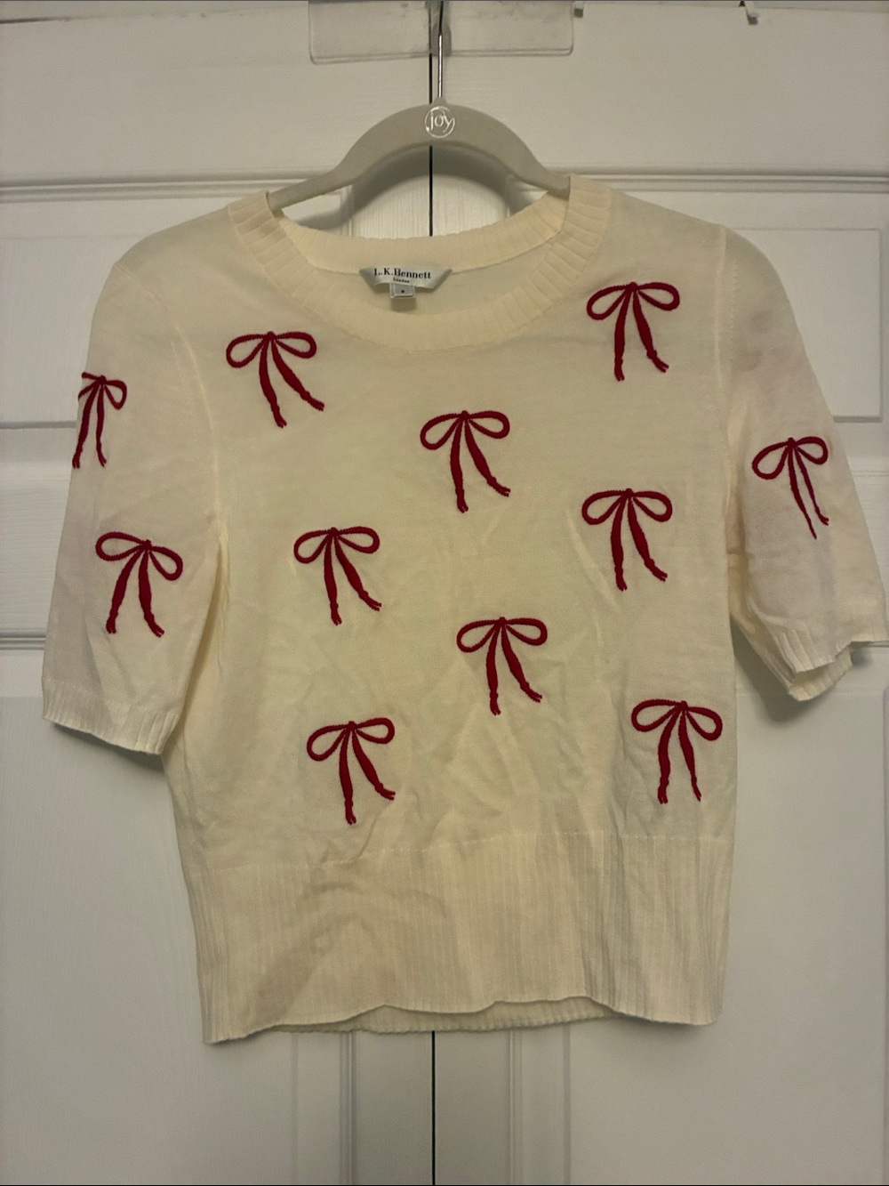 LK Bennett Cream Short-Sleeve Sweater with Red Bow Motif